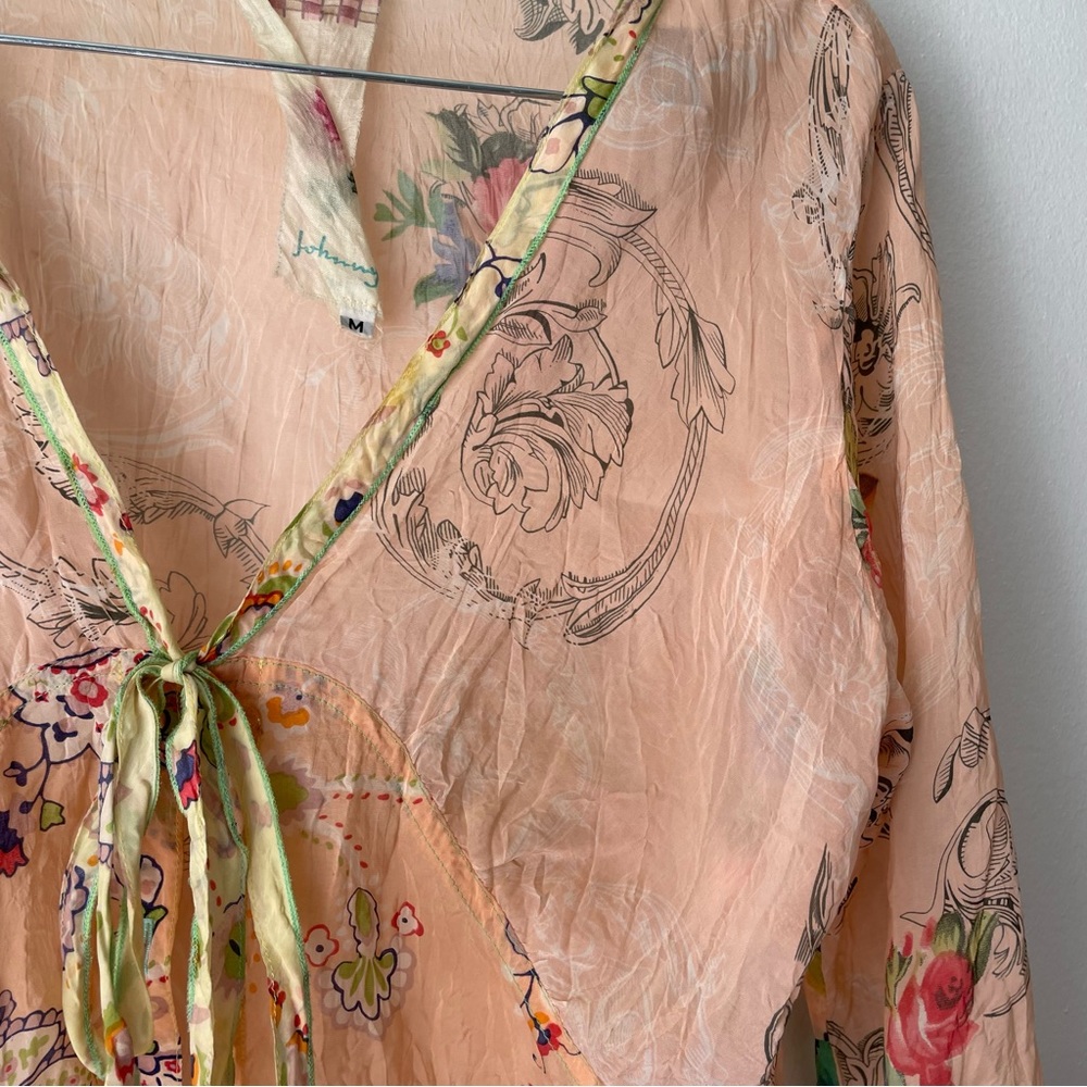 Johnny Was Peach Button-Up Tie Blouse - Picture 8 of 9